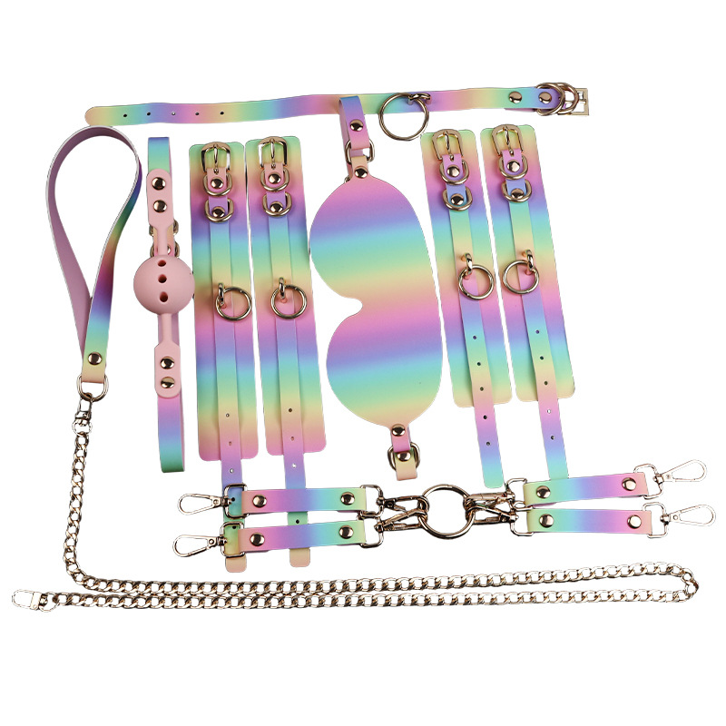 SM Neon 7-Piece Adult Couple Bondage Kit with Handcuffs, Nipple Clamps and Leather Accessories - Image 5