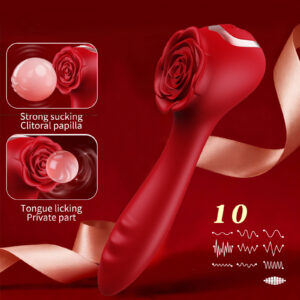 Rechargeable 10-Frequency Rose Vibrator with Bead Rotation, 3-in-1 Anal Plug & Prostate Massager, Red Silicone