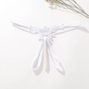 Women's Hollow Embroidered Thong with Pearl Detail, Open Crotch, Blue, One Size