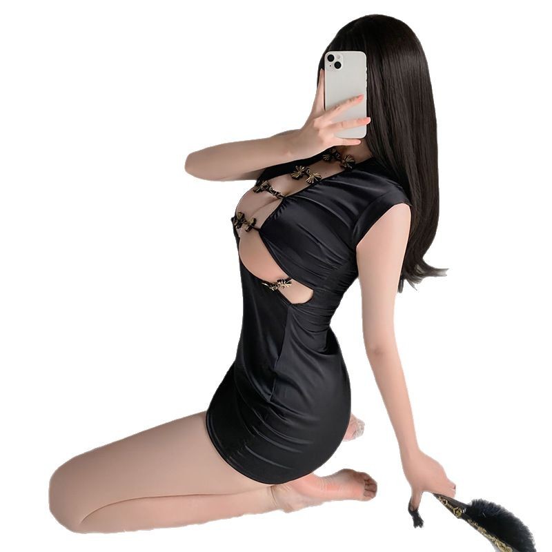 Retro Buckle Cheongsam Lingerie Set with Thong, Slim-fit Polyester Uniform Pajamas - Image 5