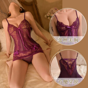 Purple Lace Babydoll Lingerie Set with Thong, Sheer Mesh Nightdress