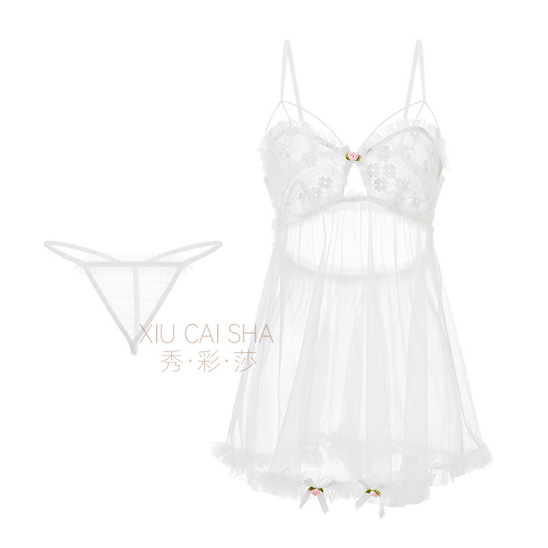 Lace Babydoll Pajama Set for Women, Sheer Mesh Mini Dress, Pink One Size - Image 5