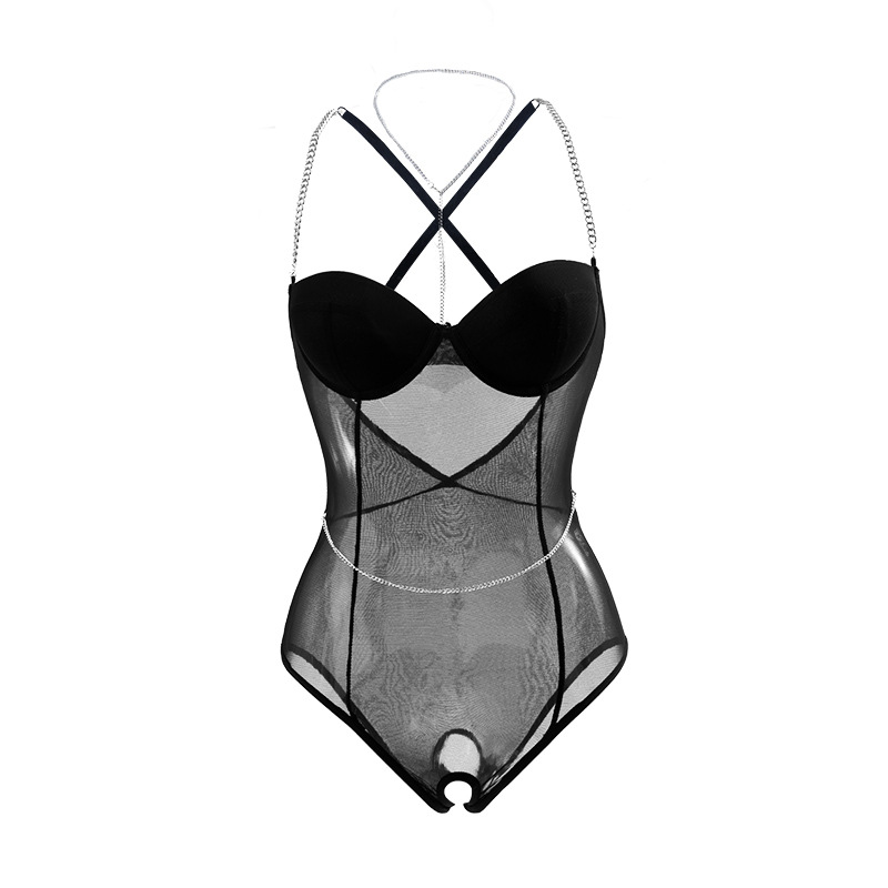 See-Through Mesh Bodysuit Lingerie, Push-Up Underwire, One-Piece Black - Image 5