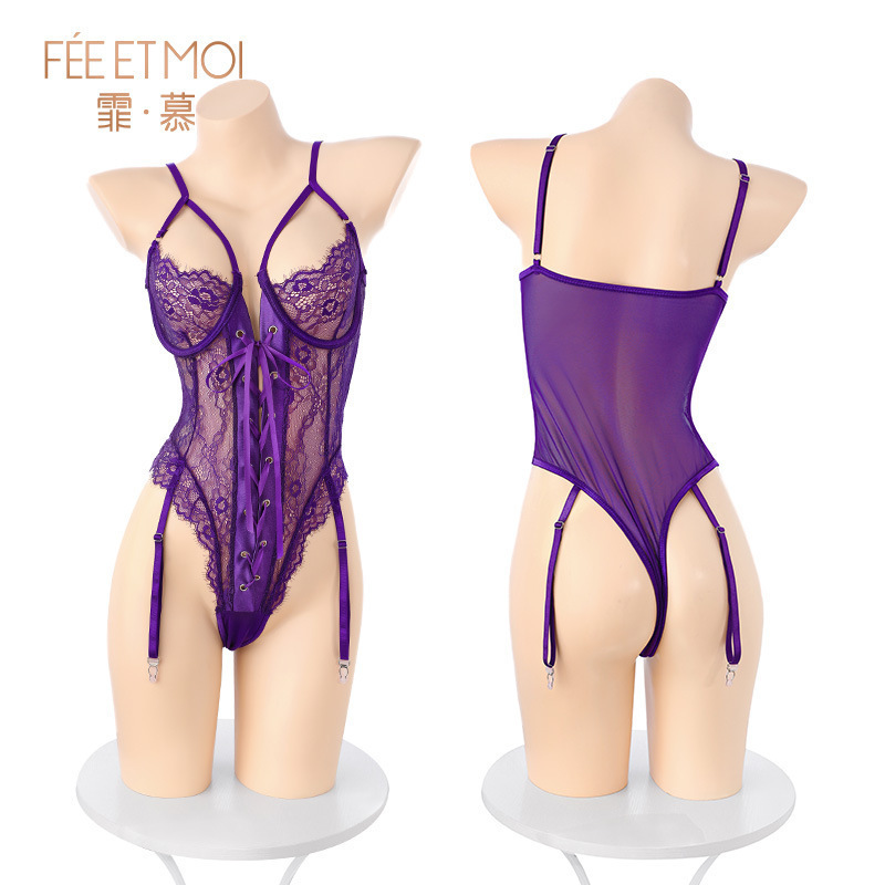 Feimu Sheer Lace Bodysuit Lingerie Set with Underwire and Waist-Cinching Straps - Image 5