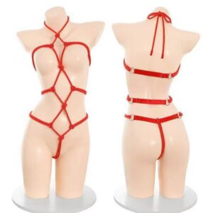 Open-Crotch Mesh Lingerie Set with Bondage Rope Detail, See-Through Polyester, One Size