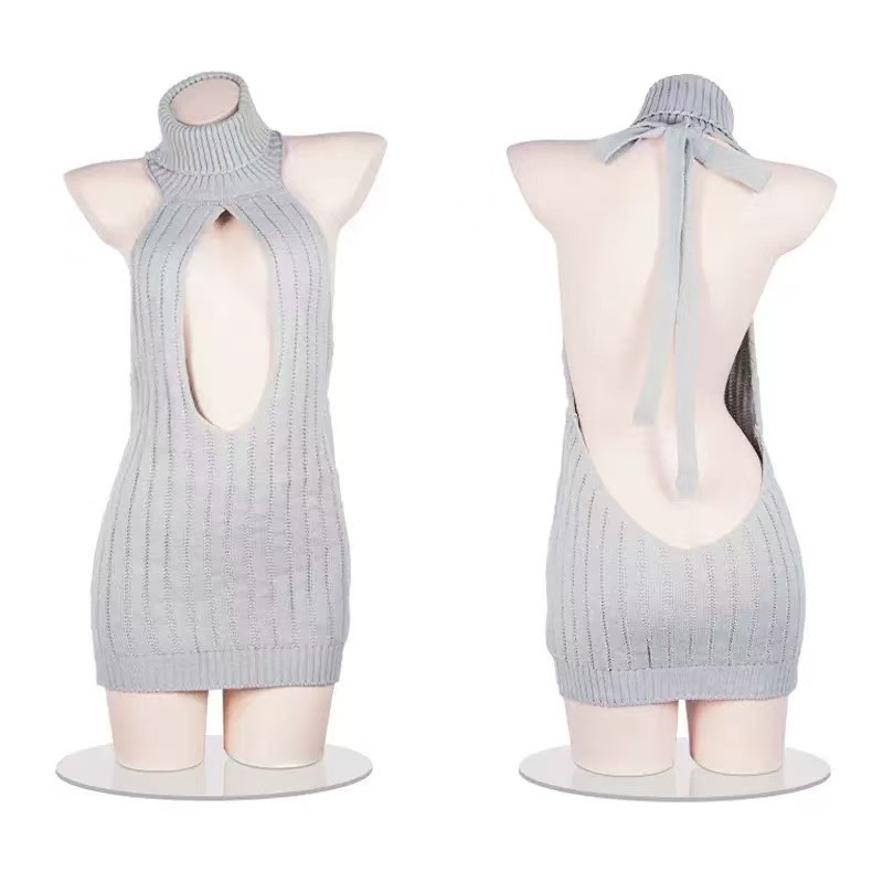 Plus Size Backless High-Cut Knit Sweater Lingerie Set, Turtleneck Black One Size - Image 3