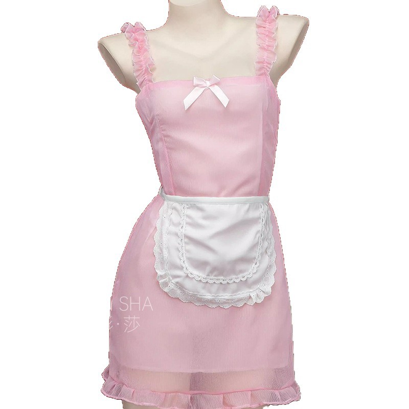 Maid Role-Play Lingerie Set with Deep V-Neck See-Through Camisole Dress, Apron, Panties and Bow Stockings - Image 5