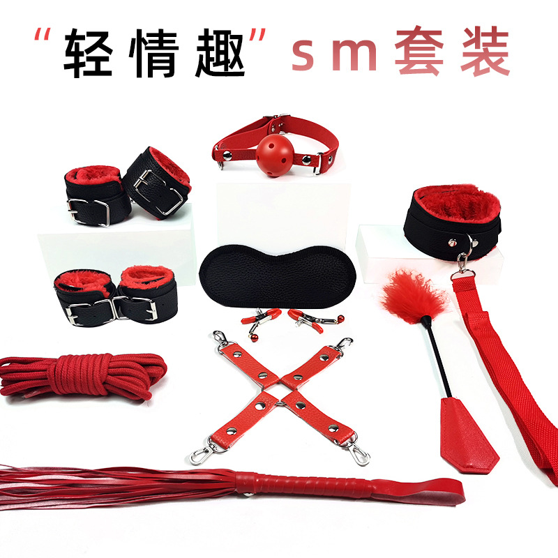 SM Bondage Ten-Piece Set with Handcuffs, Leather, Metal and Plush, Black and Red - Image 2
