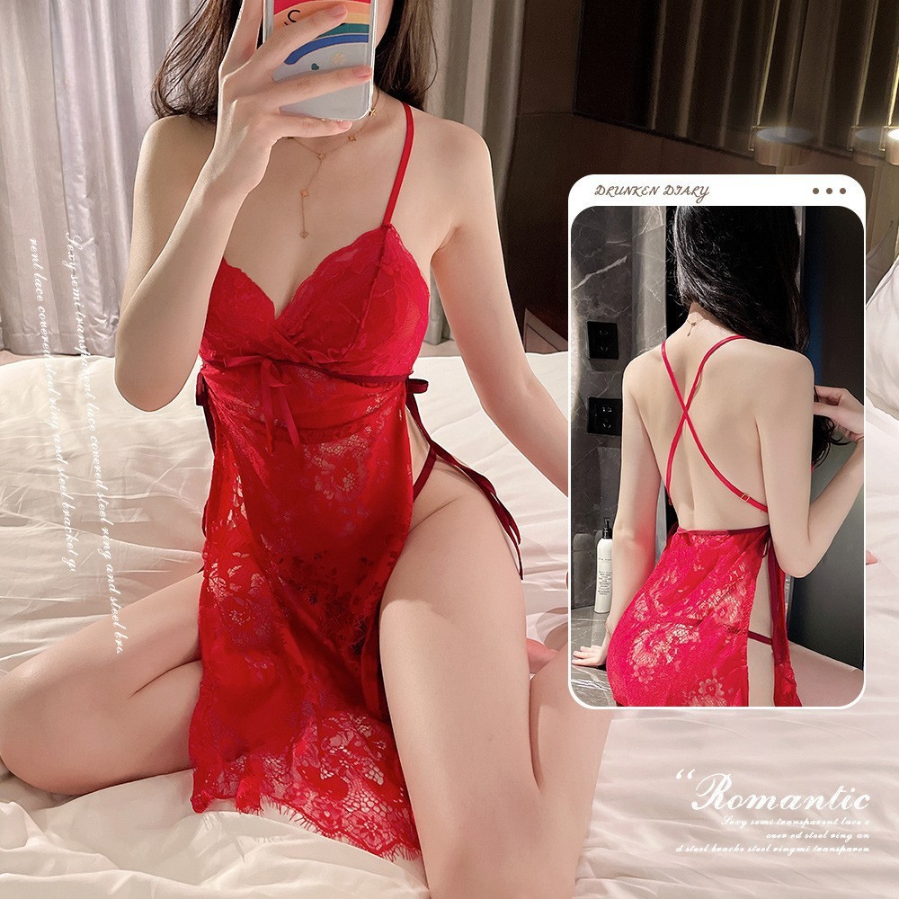 Women's Sheer Lace Nightdress with Fishnet Stockings, Backless Babydoll in Wine Red, One Size - Image 2