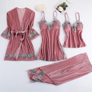 Women's Gold Velvet Pajama Set with Chest Pad, Sling Nightgown and Long-Sleeve Homewear, Four-Piece