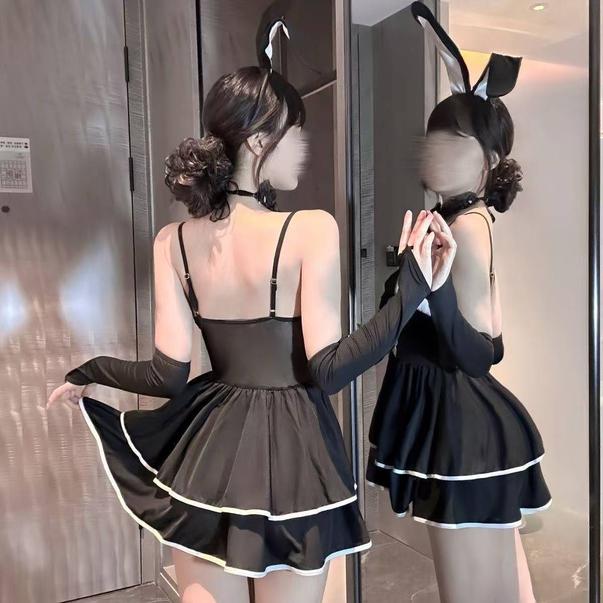 Maid & Bunny Girl Cosplay Lingerie Set with Black Bell Collar, One Size - Image 3