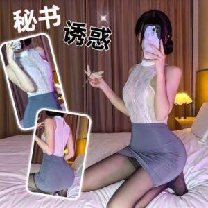Lace Secretary Roleplay Uniform Set with Ultra-Short Hip Dress and Black Tights