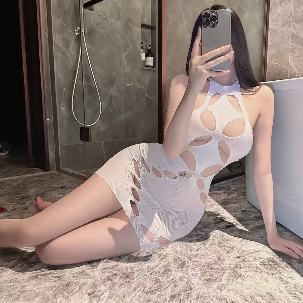 Halter Neck Mesh Bodysuit with Bodycon Skirt, Tearable Ripped Design, Plus Size White Lingerie - Image 4