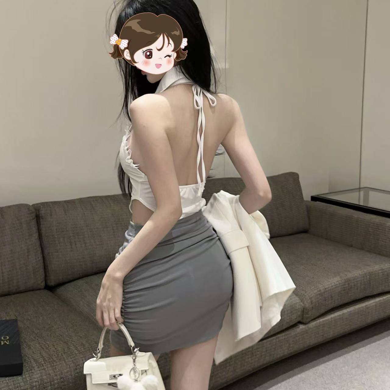 Lace Halterneck Roleplay Dress with Waist Cutout and Pleated Mini Skirt - Image 4