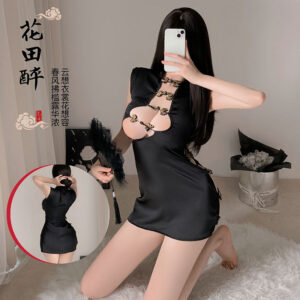 Retro Buckle Cheongsam Lingerie Set with Thong, Slim-fit Polyester Uniform Pajamas