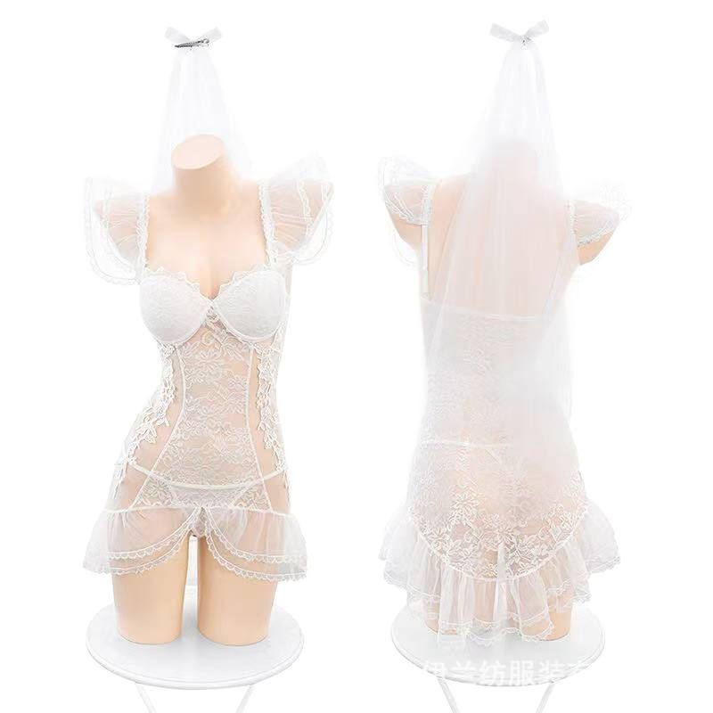 Bridal Lace Mesh Babydoll Set with Chest Pad, Underwire, Blindfold and White Stockings - Image 5