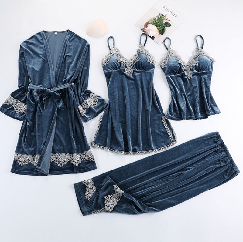 Women's Lace Pajama Set with Gold Velvet Finish, Five-Sleeve Top and Seven-Point Pants, Royal Blue XXL - Image 3