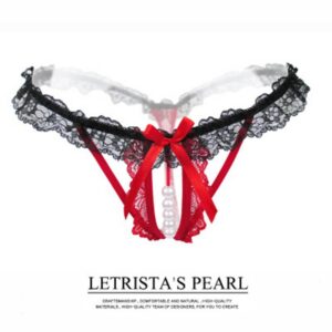 Women's Lace Hollow-Out Thong with Pearl Massage Detail, Open Crotch, Stretch Fit, Pink