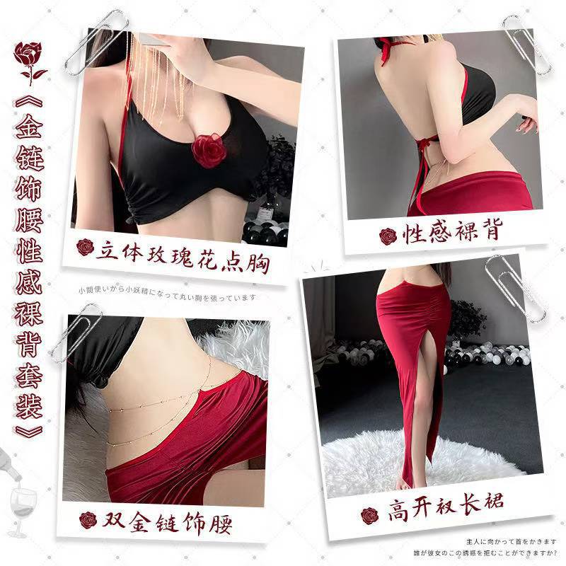 Rose Lady Backless Slit Cheongsam-Style Lingerie Dress with Briefs - Image 3