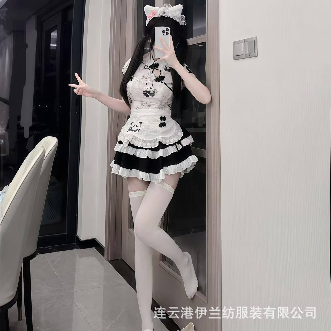 Chinese-Style Panda Print Maid Apron Set with Top and High-Waist Puffy Skirt - Image 3