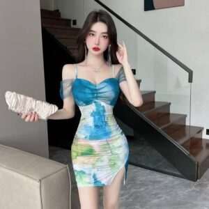 Pure Desire Mesh Off-Shoulder Mini Dress with Printed Skirt, Pink One Size
