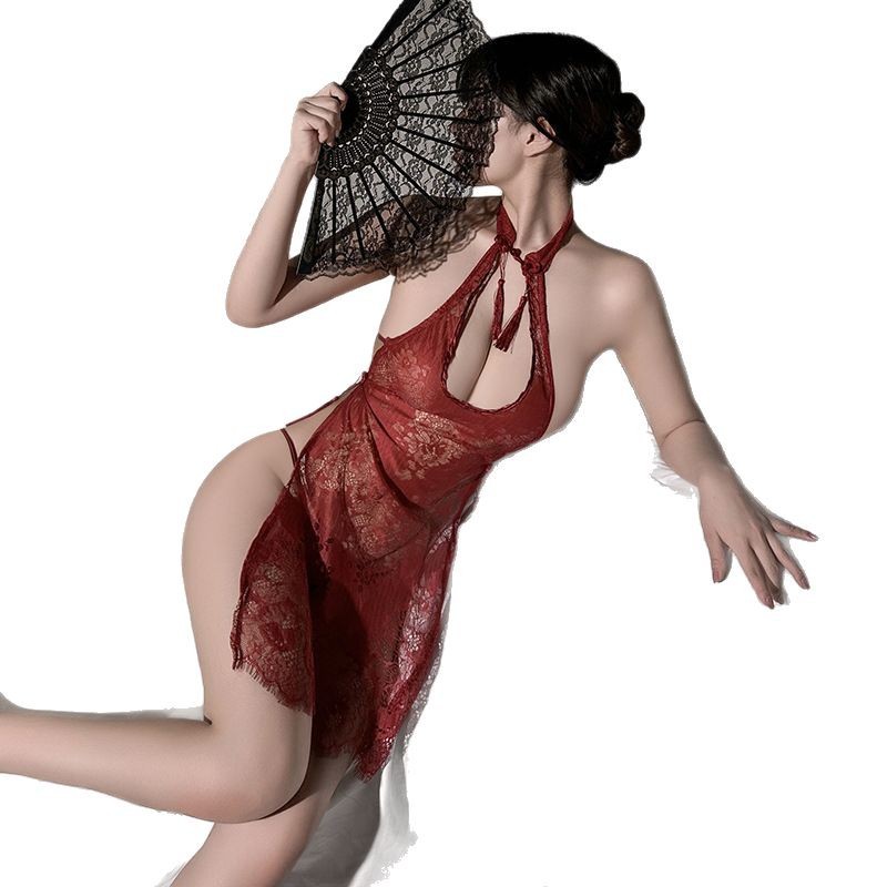 Red Lace Cheongsam Costume Set with Fishnet Stockings, One Size Roleplay Lingerie - Image 5