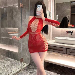 Purely Alluring See-Through Lace Net Dress, Slim-Fit Bodycon Mini Lingerie in Red, One Size