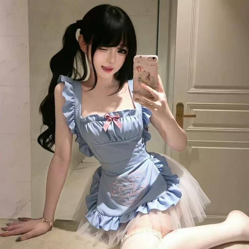 Maid Cosplay Costume Set with White Apron, Satin Skirt and Butterfly Socks - Image 4