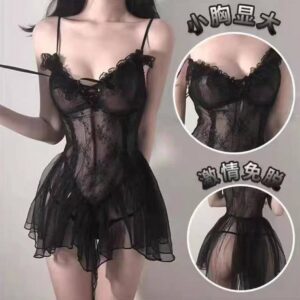Plus Size Princess Mesh Babydoll Lingerie Set with Suspenders, White One Size