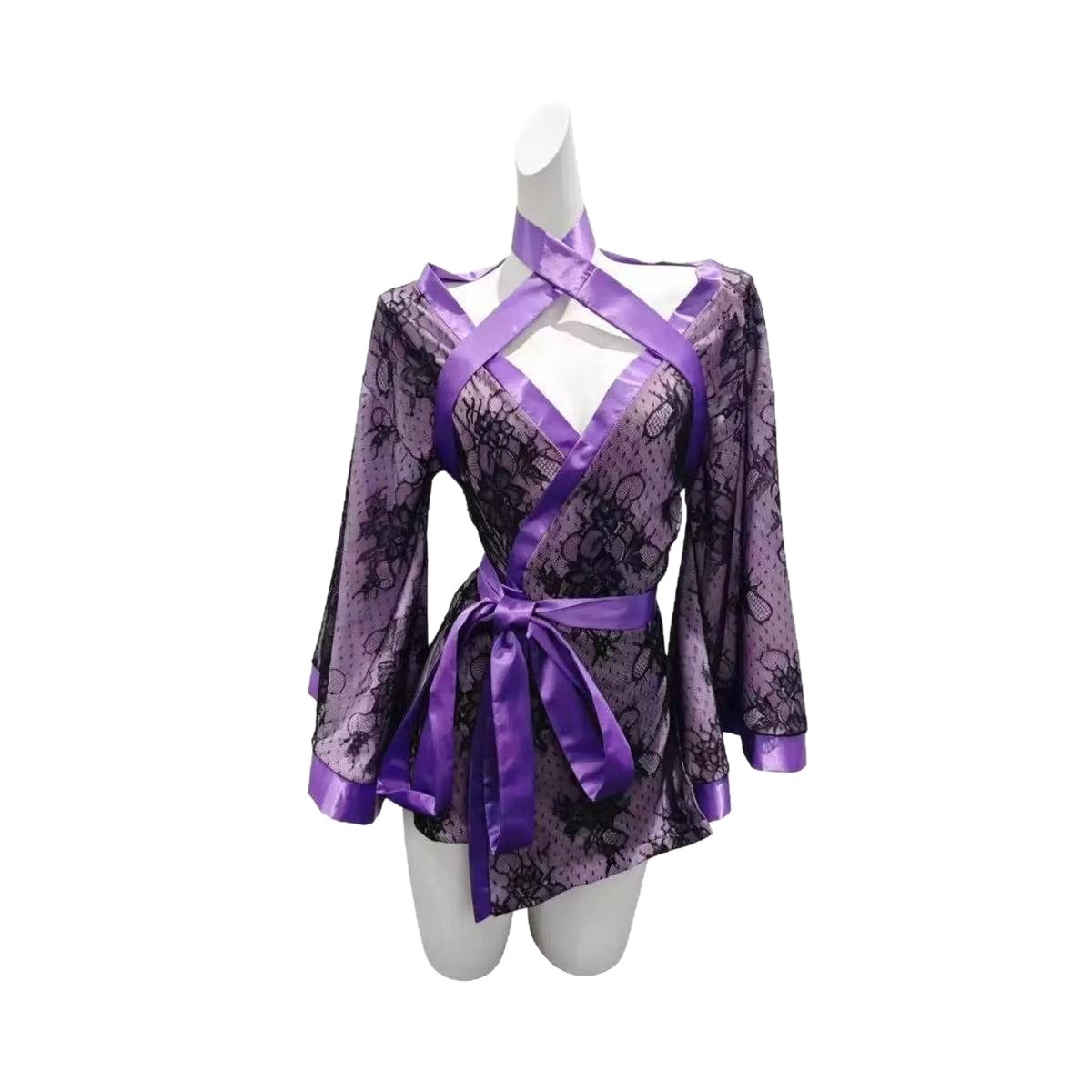Japanese-Style Purple Lace Kimono Lingerie Set with Ties, Alluring Pajama Roleplay Outfit - Image 5