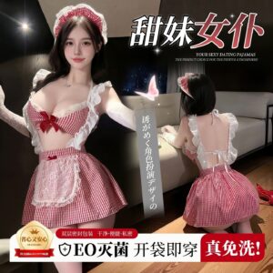 Sweet Summer Plaid Maid Costume Set with Lace Backless Suspender Dress and Accessories