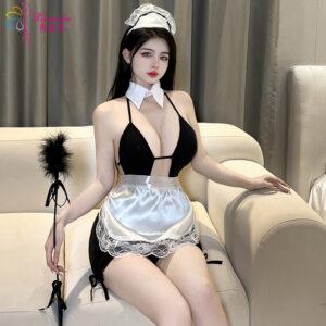 Maid Roleplay Lingerie Set with Apron, Headpiece and Thong, See-Through Polyester Uniform