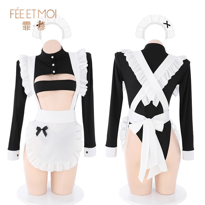 Feimu One-Shoulder Strapless High-Slit Maid Outfit with Apron and Headband - Image 5