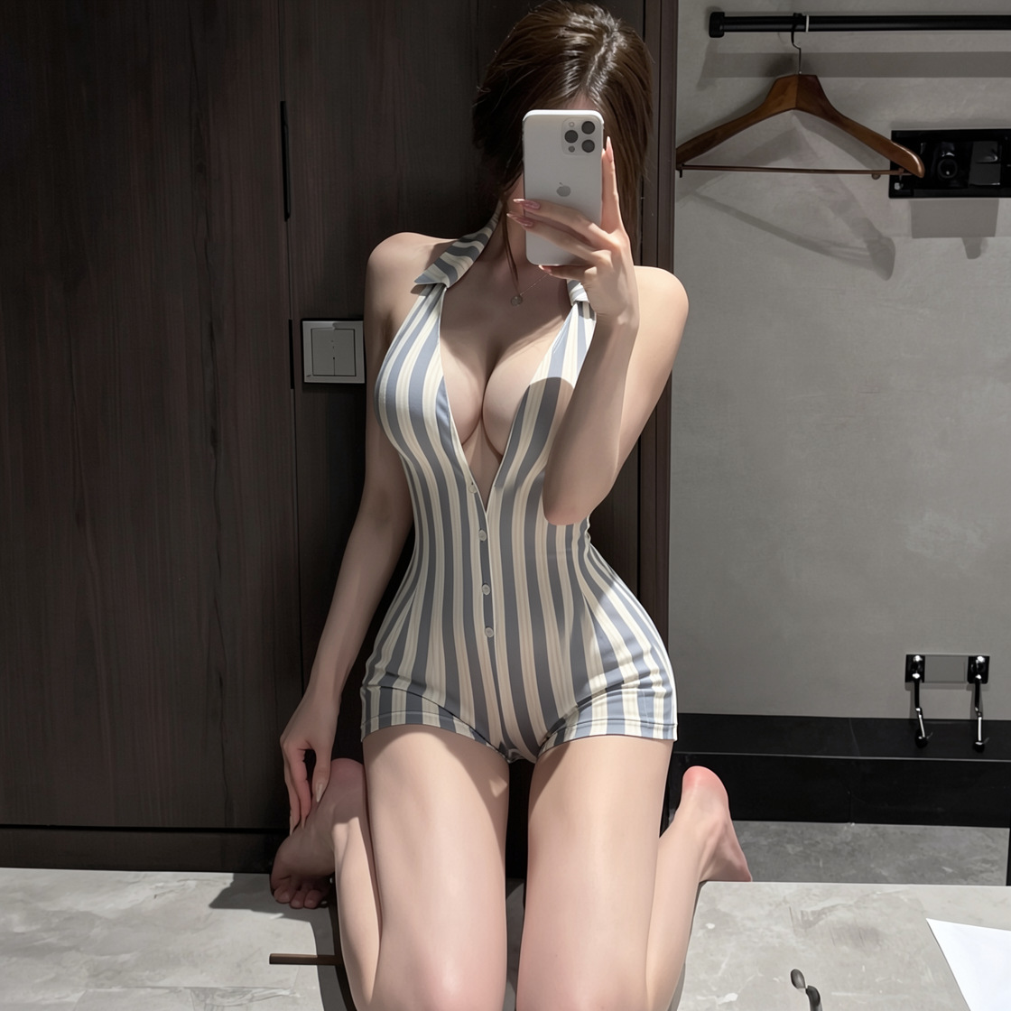 Plus-size Open-crotch Bodysuit, Deep V-neck Backless Striped Lingerie - Image 2