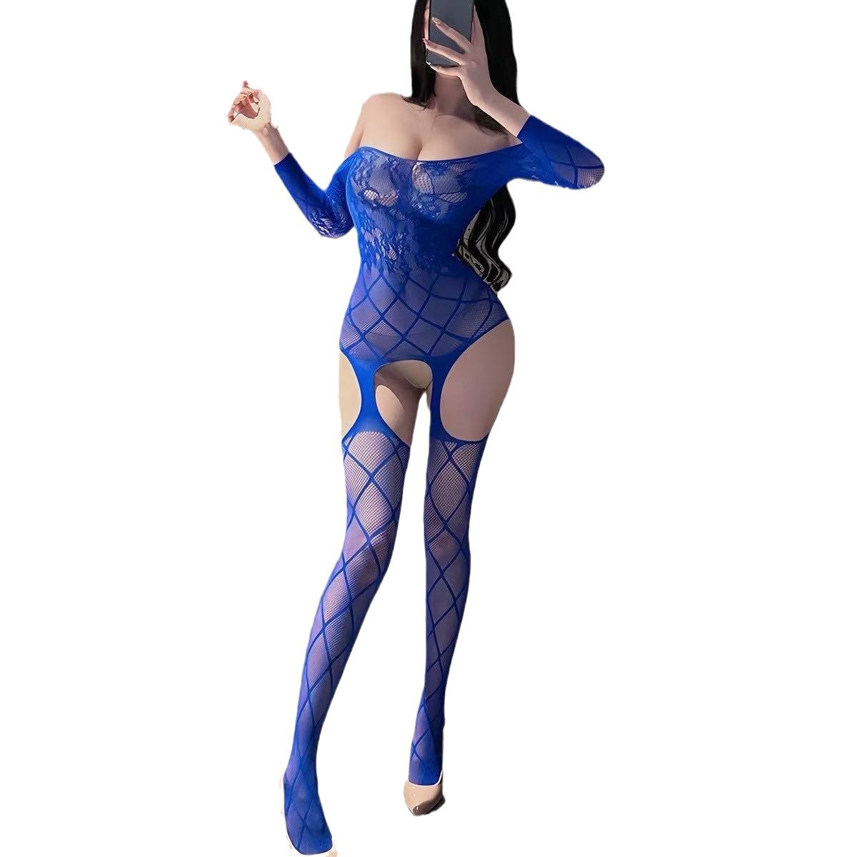 Long-Sleeve Open-Crotch Net Bodystocking with Jacquard Backless Design, Black - Image 5
