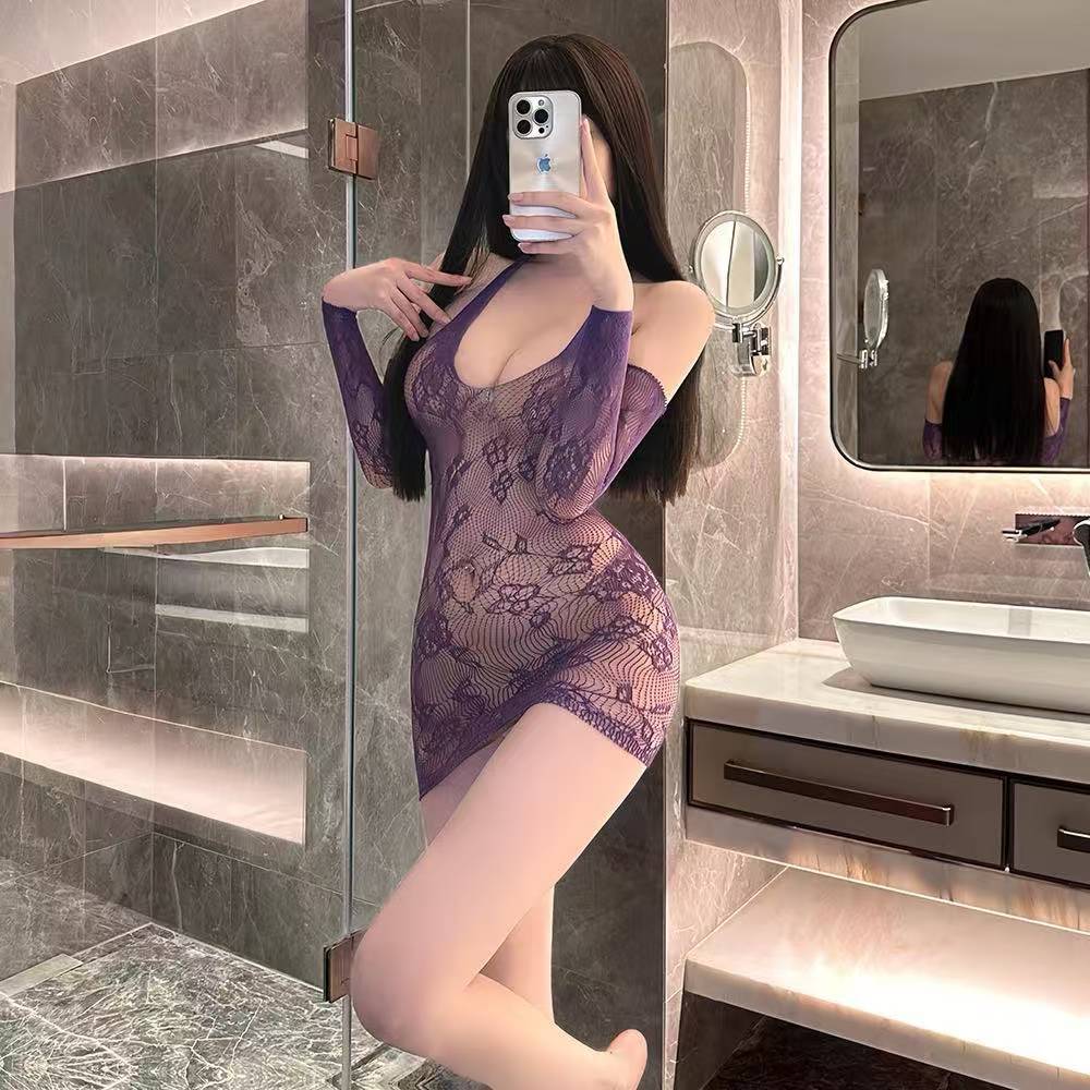 Purple See-Through Hollow-Out Lingerie Set with Open-Crotch Tear-Off Bodycon Skirt - Image 2