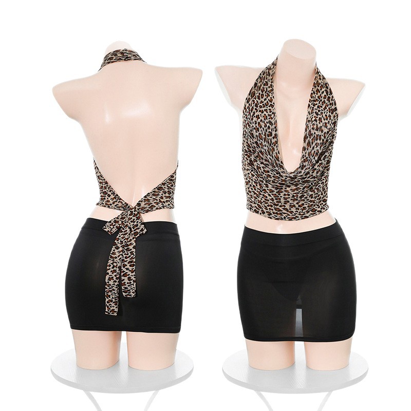 Xiuaisha Sailor-Style Student Roleplay Lingerie Set with Lace-Up Top, Skirt, Panties, Gloves and Leopard Stockings - Image 5