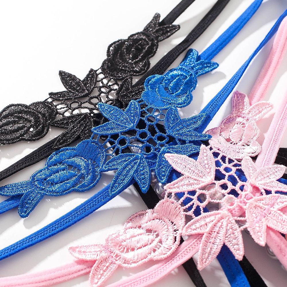 Women's Hollow Embroidered Thong with Pearl Detail, Open Crotch, Blue, One Size - Image 5