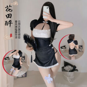 Retro Hanfu-Style Cheongsam Lingerie Set with Thong and White Stockings