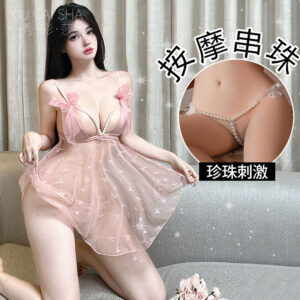Beaded Bowknot Strap Babydoll Set, Sheer Mesh Backless Nightgown with Pearl Panties
