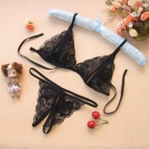Open-Crotch Lace Lingerie Set, Transparent Black Three-Piece Thong, One Size