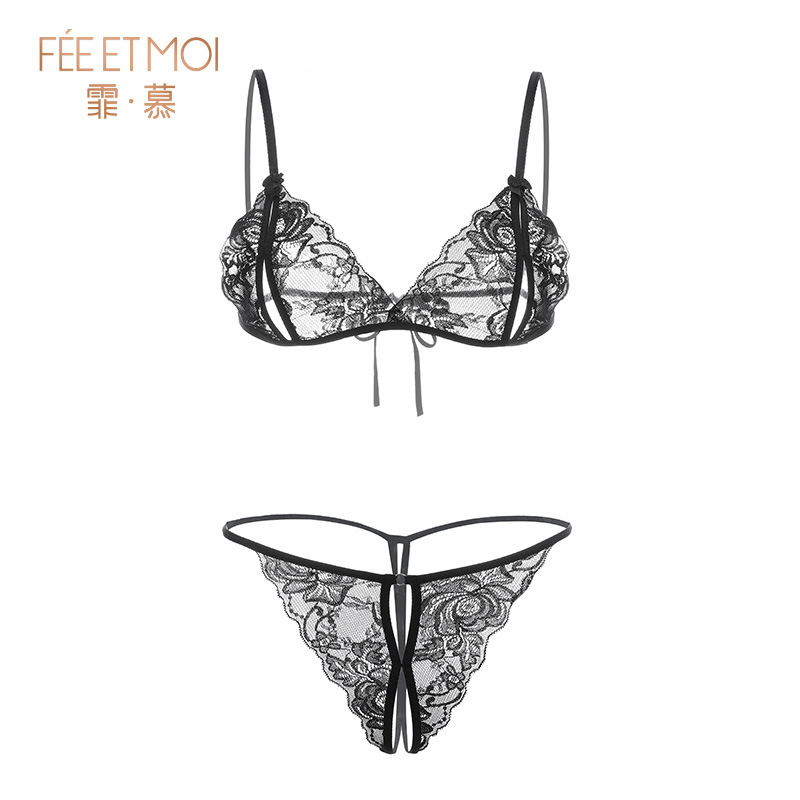 Faimu Three-Point Lace Bra and Open Thong Set, Black, One Size - Image 5