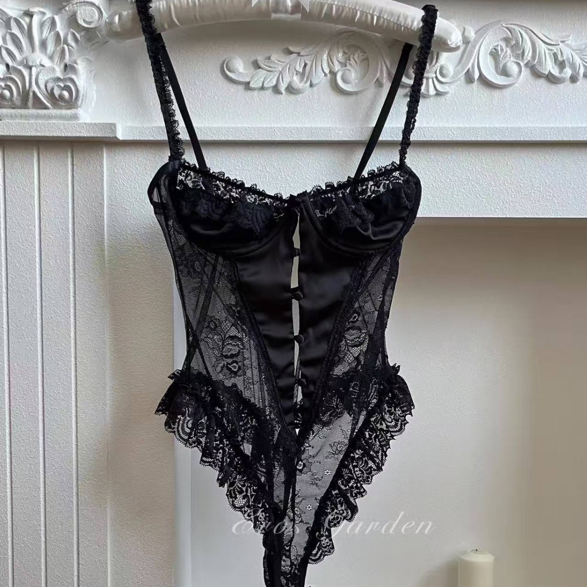 Women's Sexy One-Piece Lace-Trim Pajama Bodysuit, Black, One Size - Image 3