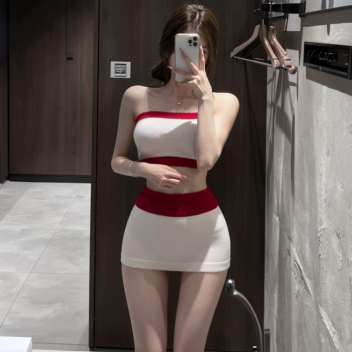 Knitted Tube Top & Mini Skirt Set, Two-Piece Christmas Pajama Style, White-Black - Image 4