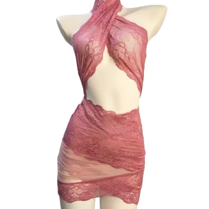 Halter-neck Sheer Lace Bodycon Lingerie Dress with Beaded Chain Detail - Image 5