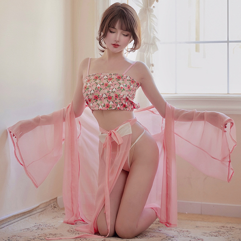 Han Dynasty Floral Bellyband Costume Set with Chiffon Robe, Slip Dress and Briefs, Plus Size - Image 2