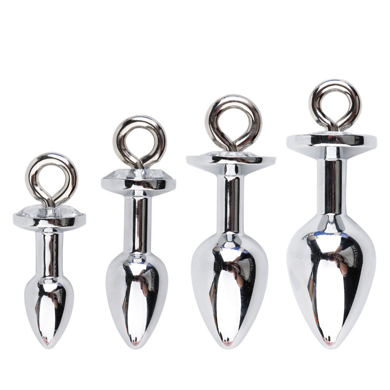 Metal Anal Plug with Diamond-Studded Pull Ring, Silver Aluminum Alloy, Wearable Design - Image 3