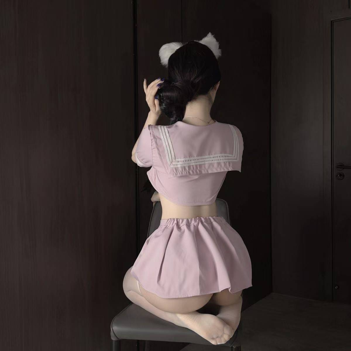 Sailor Student Roleplay Lingerie Set with Pleated Mini Skirt and Stockings - Image 3