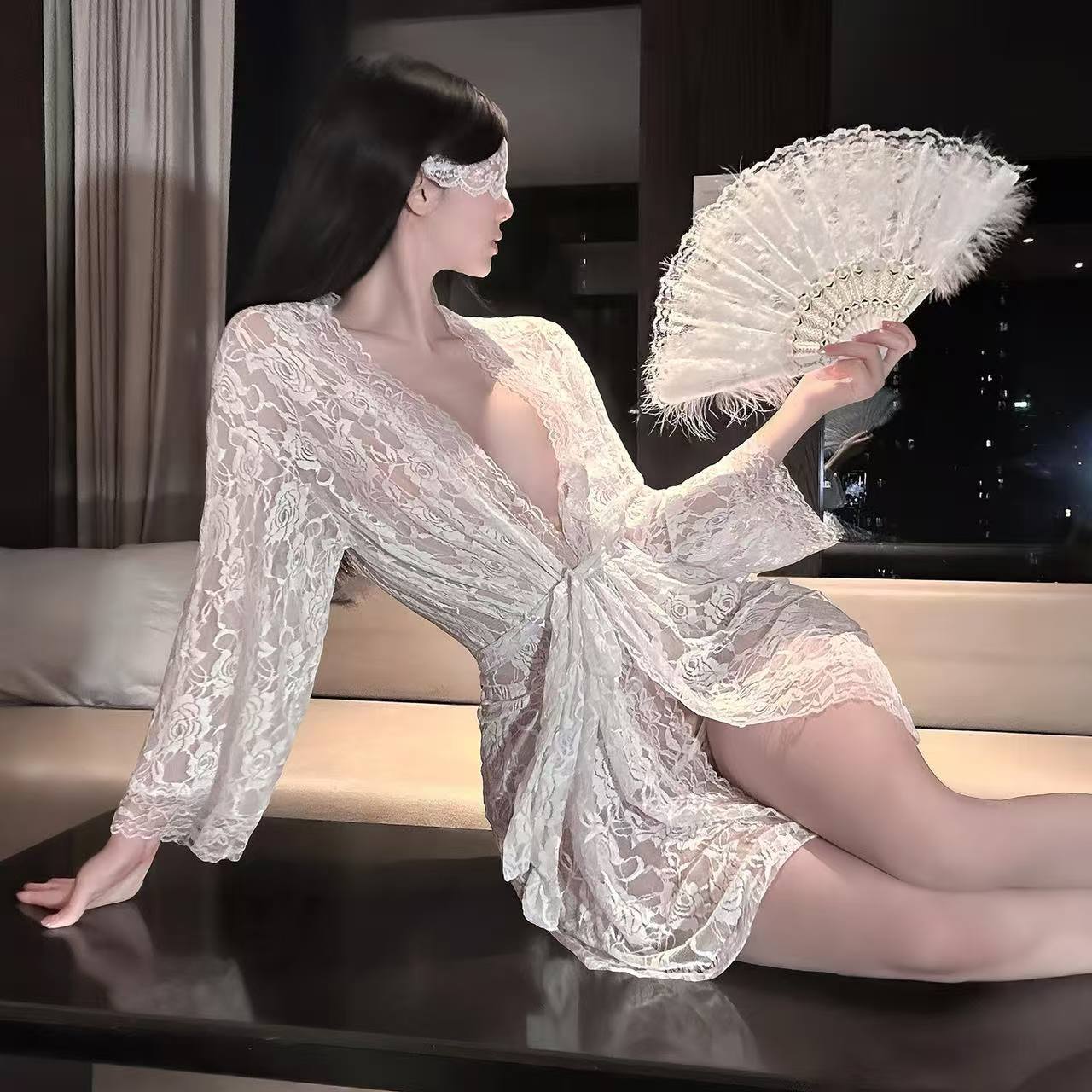 White Lace See-Through Babydoll Nightgown with Waist Belt and Thong, Sheer Polyester Sleepwear, One Size - Image 2