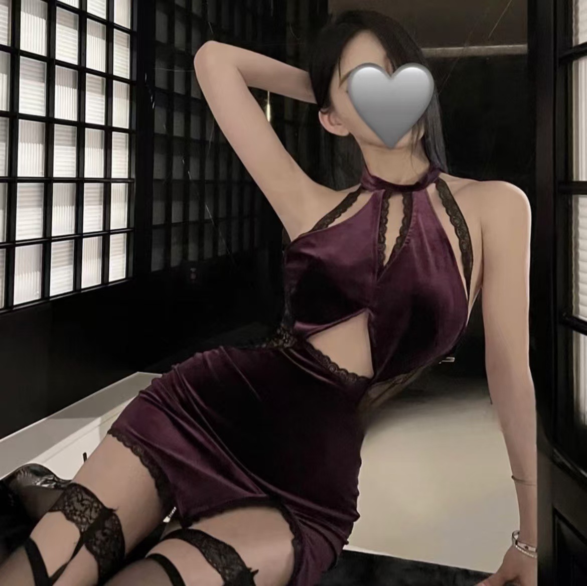 Hollow-Out Halter Cheongsam Costume Set with Purple Stockings, Polyester Uniform Pajamas - Image 2